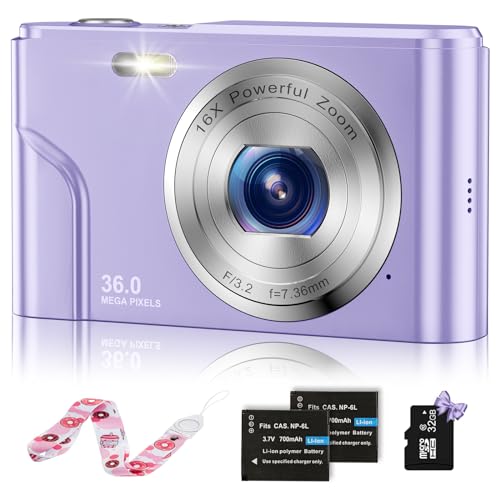 Compact 1080P Kids Digital Camera with 48MP, 16X Zoom & 32GB SD Card (Purple)