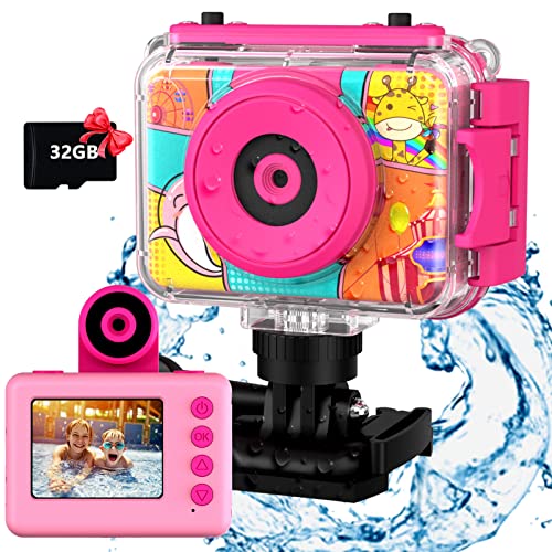 USHINING Kids Waterproof Camera – 20MP Digital Action Cam & 1080P HD – Pink