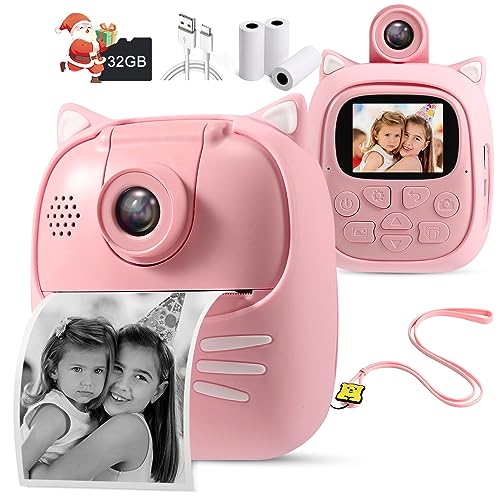 OFIKAL 50MP Kids Instant Camera – 3 Rolls Print Paper, 1080P HD, 32GB TF Card (Pink)