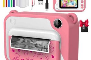Uleway Kids Instant Print Camera – 12MP, 1080P, 2.4″ Screen, 32GB Card (Pink)