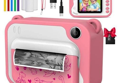 Uleway Kids Instant Print Camera – 12MP, 1080P, 2.4″ Screen, 32GB Card (Pink)