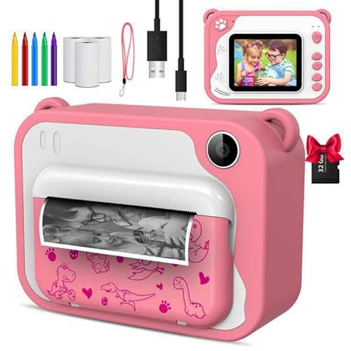 Uleway Kids Instant Print Camera – 12MP, 1080P, 2.4″ Screen, 32GB Card (Pink)